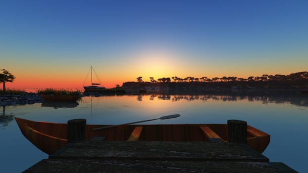 Beautiful sunset over the tropical lagoon, illustration 3d rendering