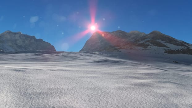 mountain snow sun ray illustration, 3d rendering