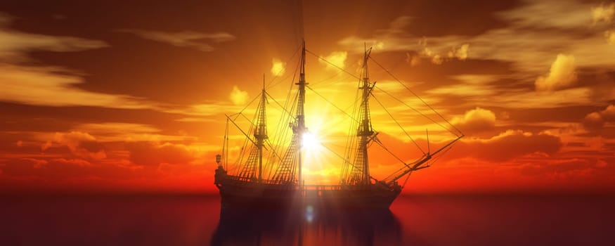 old ship sunset at sea 3d rendering illustration