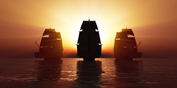 old three ships sunset at sea, 3d rendering illustration