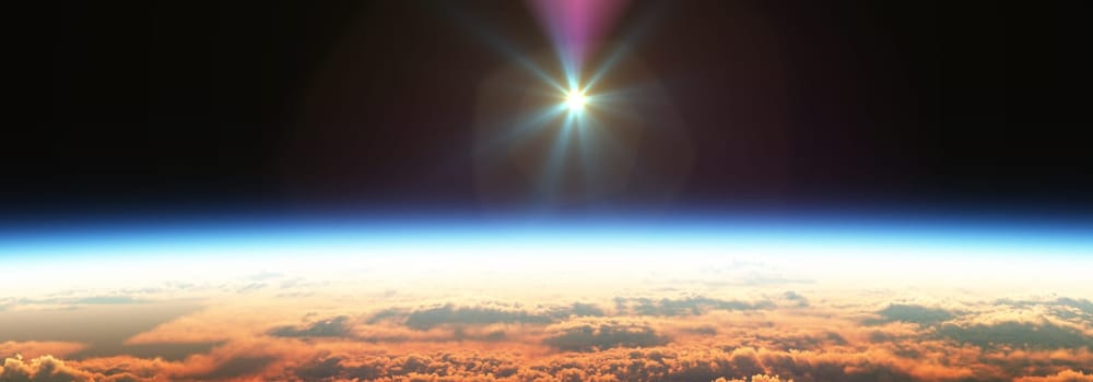 Earth sunrise from space over cloudy ocean. 3d rendering illustration