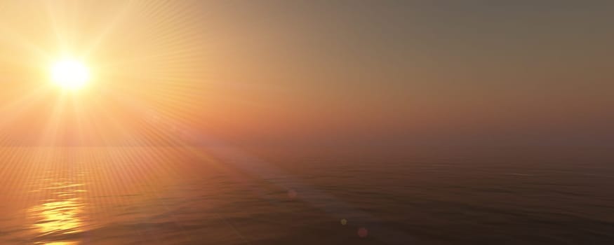 sunset sea sun ray clear sky, 3d rendering illustration