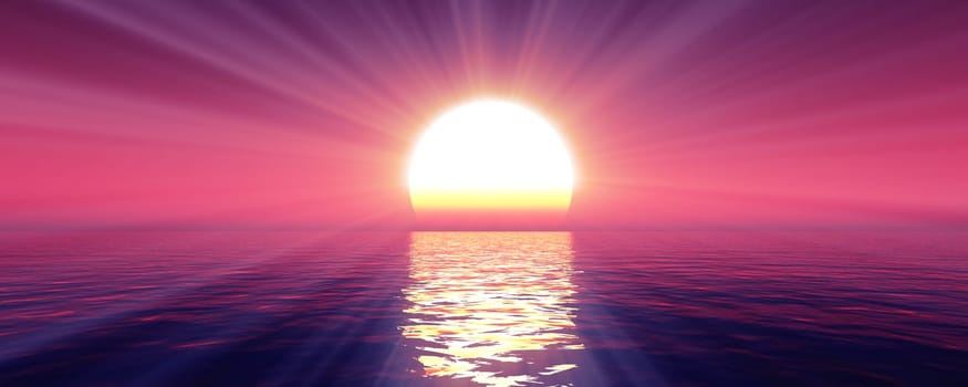 sunset sea sun ray clear sky, 3d rendering illustration