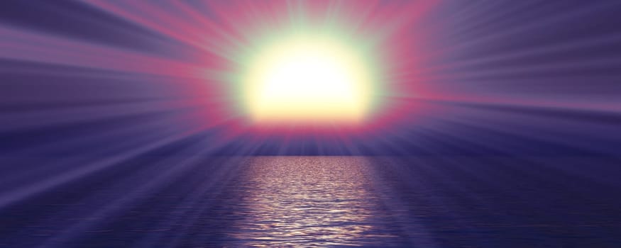 sunset sea sun ray clear sky, 3d rendering illustration