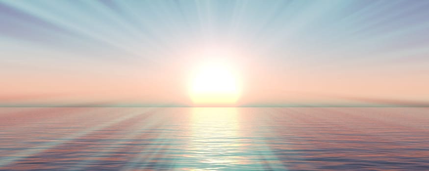 sunset sea sun ray clear sky, 3d rendering illustration