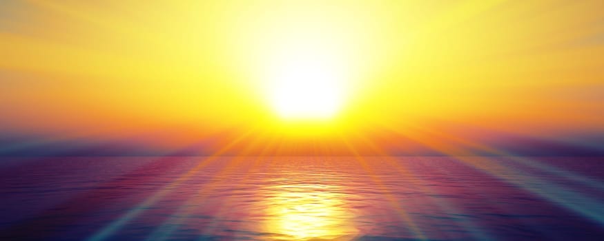 sunset sea sun ray clear sky, 3d rendering illustration