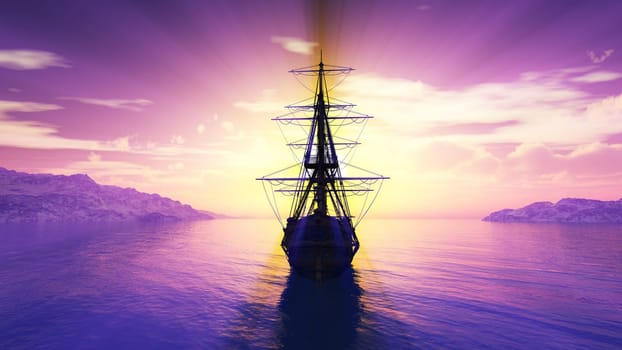 old ship sunset at sea illustration 3d rendering