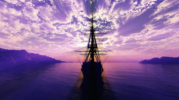 old ship sunset at sea illustration 3d rendering