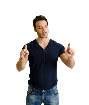 A man in a black shirt pointing at something, as if he's clicking an invisible button