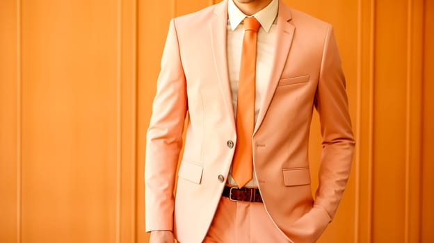 modern businessman in a stylish suit of peach color banner with copy space
