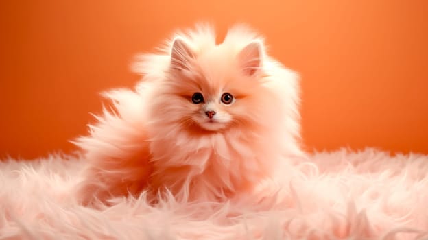 in peach color, cute little furry dog on the carpet, 2024 Banner.