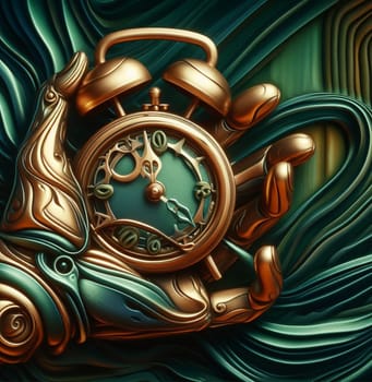 abstract illustration of passing time, patience, a human head , timeline relativity , clock mechanism ai generated
