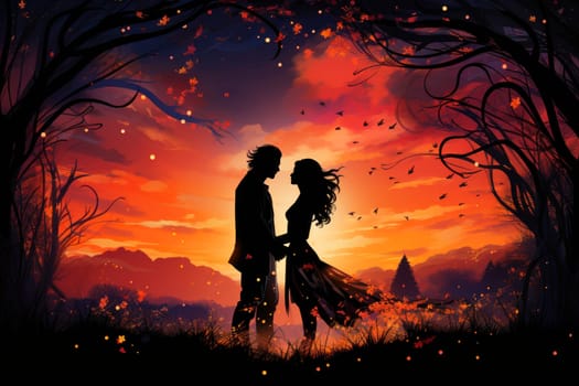 Silhouette of a loving couple of a man and a woman against a sunset background, the concept of love and relationships. Valentine's day background.