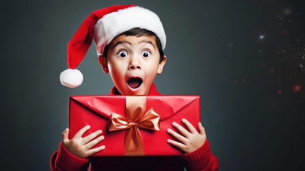 Surprised little boy in Santa Claus hat holding gift box. Christmas holidays. Boxing Day shopping. Holiday shopping.