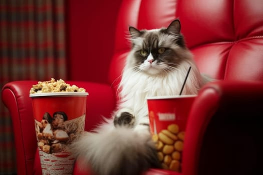 Cat eating popcorn and watching an exciting premiere of a new movie in the cinema or at home