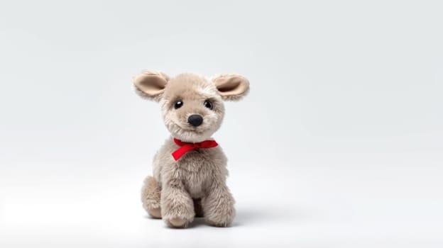 Cute fluffy vintage toy with a red bow on white background. Christmas gift for kids.