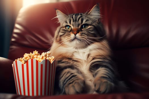 Cat eating popcorn and watching an exciting premiere of a new movie in the cinema or at home