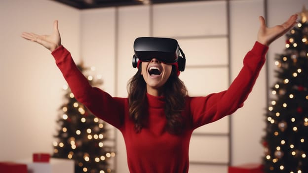 Attractive woman wearing VR goggles exploring cyberspace with Christmas decorated room on background.