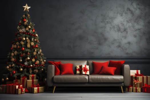 Christmas background with Christmas tree, gifts and sofa against a wall with empty space. Mock up. Christmas card