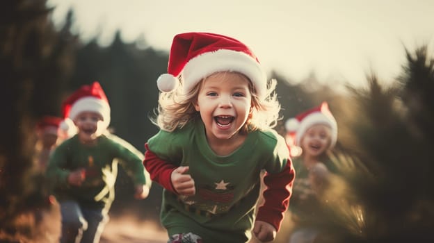 Happy kids in red Santa hat have fun and laughing. Christmas games and fun