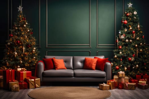 Christmas background with Christmas tree, gifts and sofa against a wall with empty space. Mock up. Christmas card