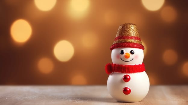 Cute toy snowman on the background with Christmas lights bokeh on background.