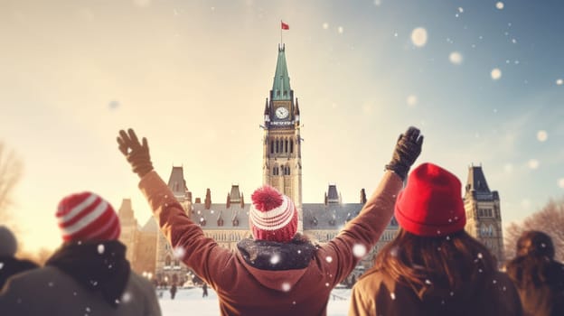 Happy Canadian wearing winter clothes celebrating Christmas holiday at Parliament Hill. People having fun hanging out together walking on city street. Winter holidays and relationship concept.