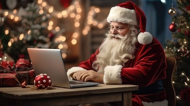 Happy old Santa Claus using laptop computer at home late on Christmas eve. Ecommerce website Boxing Day time holiday online shopping e commerce sale