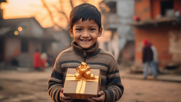 Indian kid with big giftbox is looking to the camera dusty street on background. Christmas support. Give and share kindness