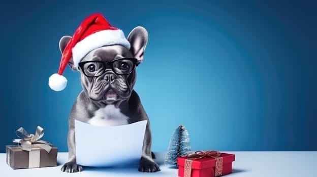 Cute puppy mops celebrating Christmas holidays wearing red Santa hat