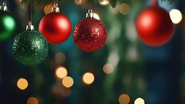 Festive ornaments with golden bokeh on background. Christmas celebration holiday background banner. Christmas baubles