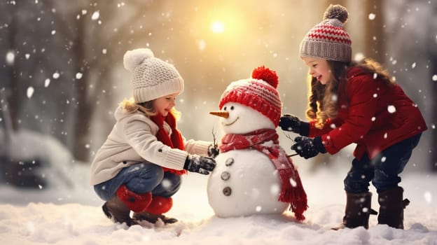 Kids building snow man playing outdoors on sunny snowy winter day. Outdoor family fun on Christmas vacation