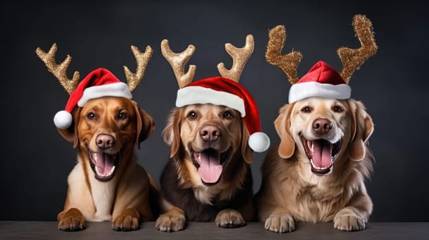 Three dogs celebrating Christmas holidays wearing red Santa Claus hat, reindeer antlers and red present ribbon