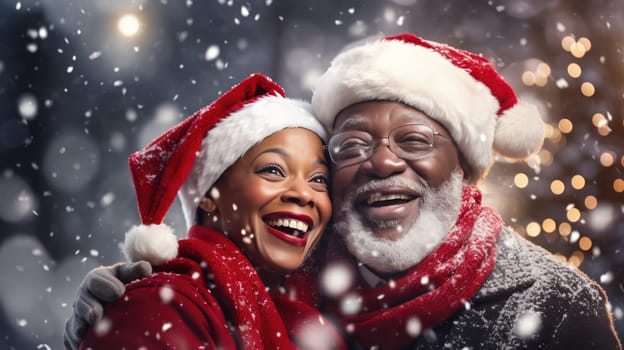 Senior African American couple smiling and wearing Santa hats, looking at camera. Family time Christmas celebration