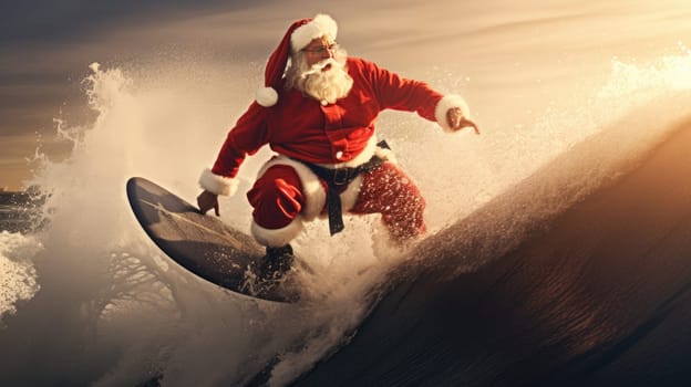 Santa Claus on surf board in ocean. Santa Claus on vacation. Surfing Santa. Santa goes Surfing