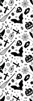 Black and White bookmark with funny creepy Halloween characters