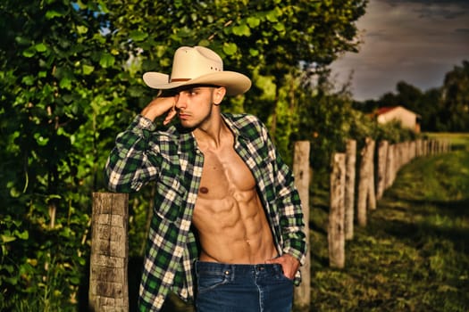 A shirtless man wearing a cowboy hat leaning on a wooden fence post