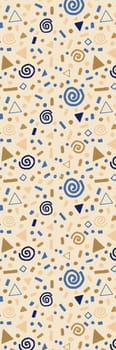 Bookmark with festive pattern with gold and blue doodles, swirls, stars, geometric elements