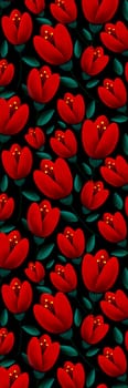 Picturesque bookmark with red tulips on dark background