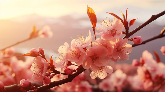 Close-up of sakura flowers on a tree branch during morning sunrise, color of the year 2024. AI generated.