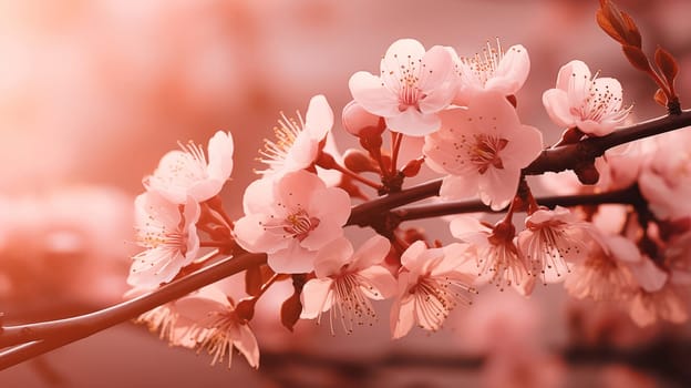 Close-up of sakura flowers on a tree branch during morning sunrise, color of the year 2024. AI generated.