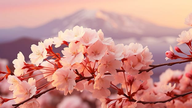 Close-up of sakura flowers on a tree branch during morning sunrise, color of the year 2024. AI generated.