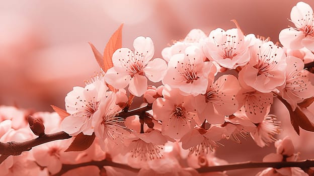 Close-up of sakura flowers on a tree branch during morning sunrise, color of the year 2024. AI generated.