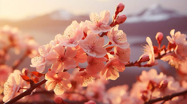 Close-up of sakura flowers on a tree branch during morning sunrise, color of the year 2024. AI generated.