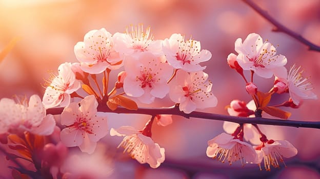 Close-up of sakura flowers on a tree branch during morning sunrise, color of the year 2024. AI generated.