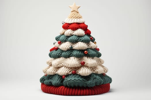 Cute knitted multicolor Christmas tree stand on a white background.