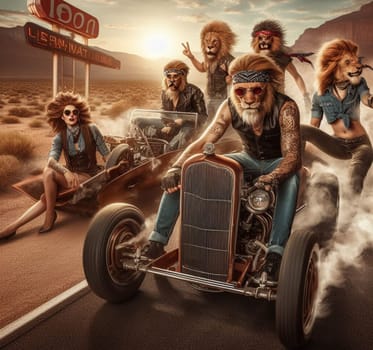 anthropomorhic lion characters gang in steampunk hot rods and tuned bikes burning rubber, wearing jeans and leather, gas station , desert road, comics illustration, mad max ai generated