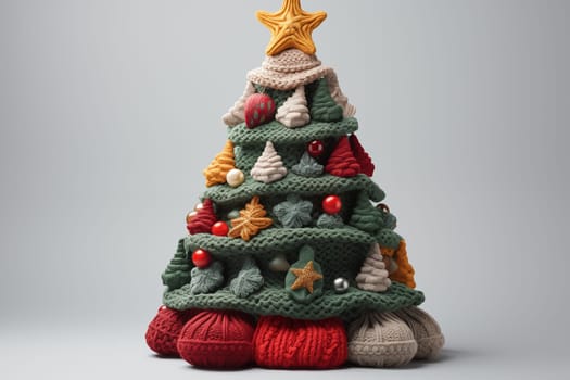 Creative knitted green Christmas tree stand on a gray background.