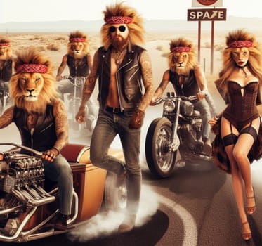 anthropomorhic lion characters gang in steampunk hot rods and tuned bikes burning rubber, wearing jeans and leather, gas station , desert road, comics illustration, mad max ai generated