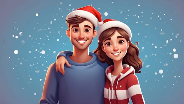 Christmas cute girl and man. Couple of young people woman and man happiness smile face positive emotions. Isolated Holiday New year cartoon 3d character couple of young people.